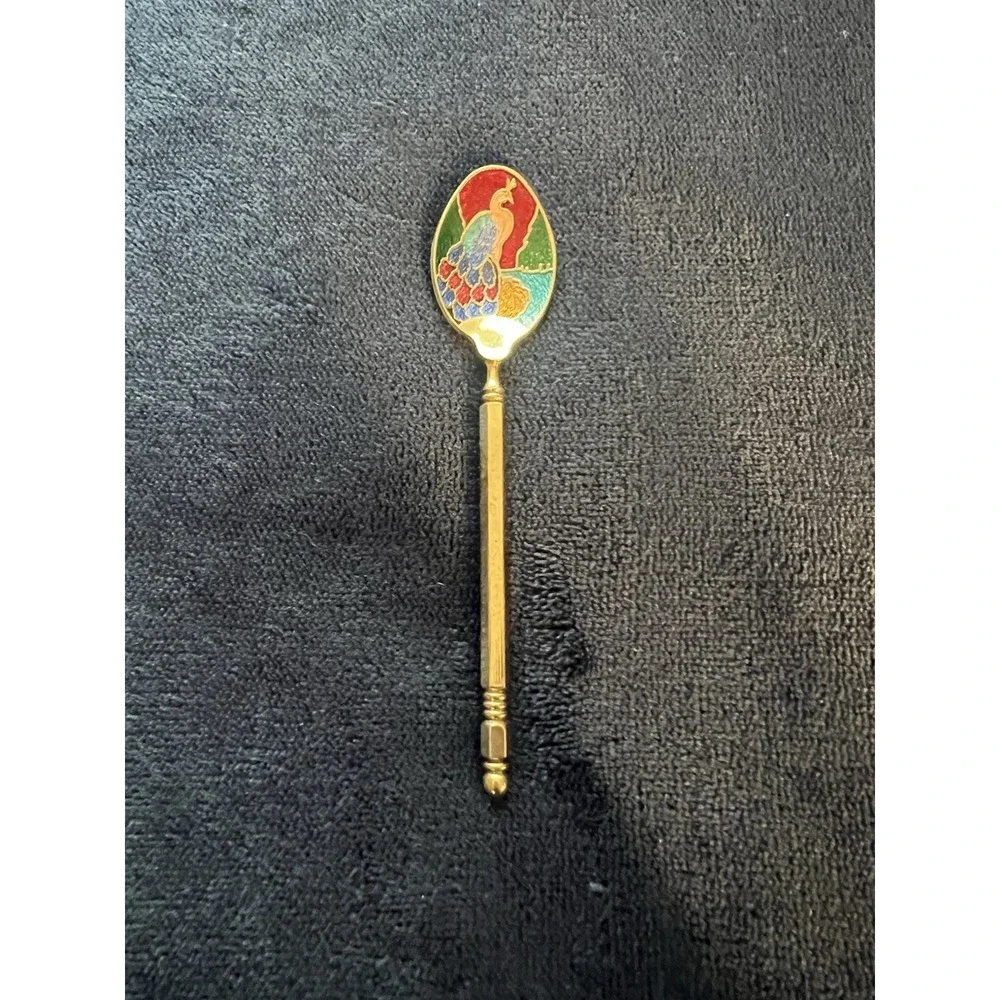 Vintage Demitasse Peacock Cloisonné Spoon Gold Tone Brass Enamel